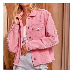 NWT Bibi boutique rhinestone and pearl embellished pink denim jacket